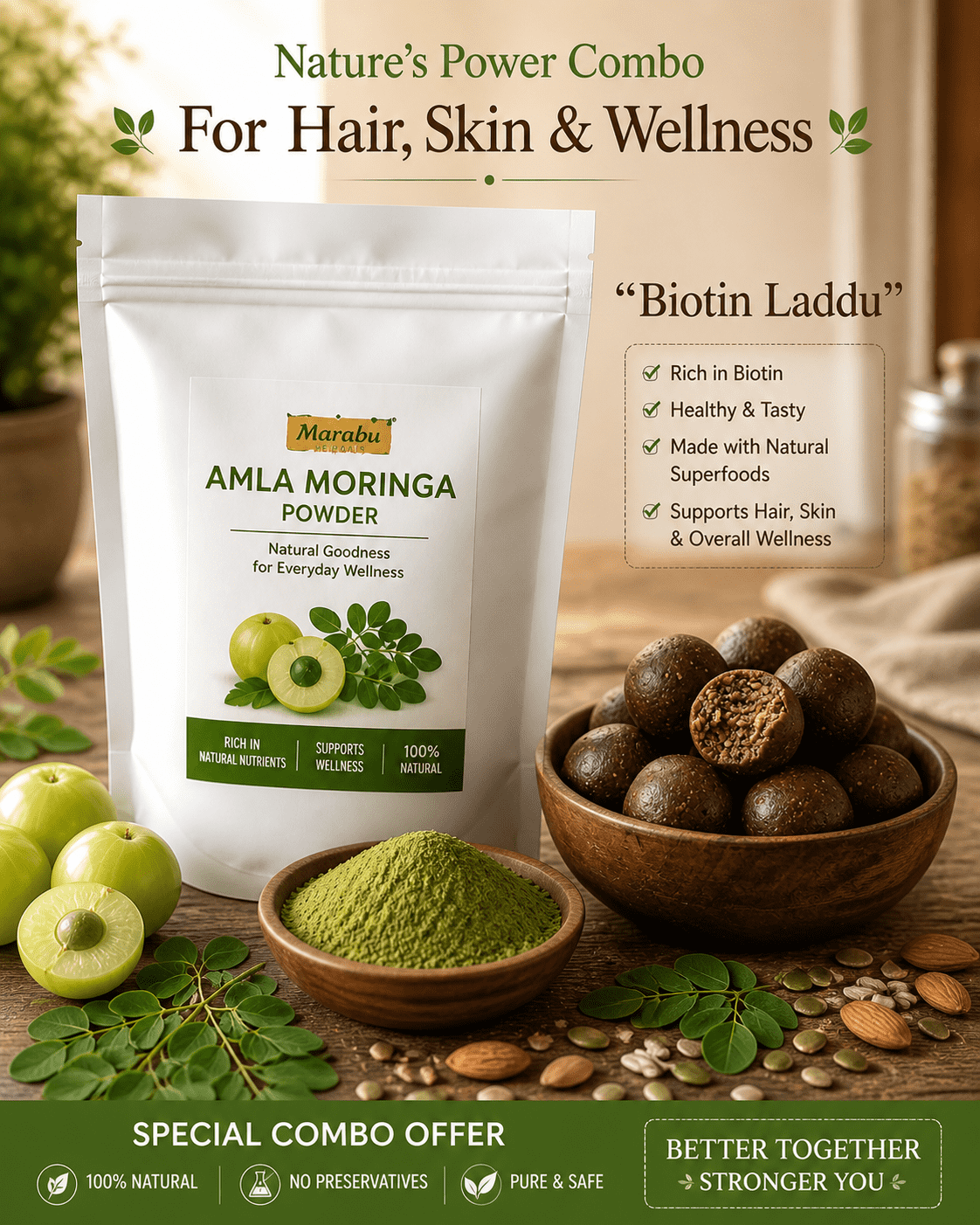Biotin Laddu 250gm + Moringa Amla Powder 200gm Combo